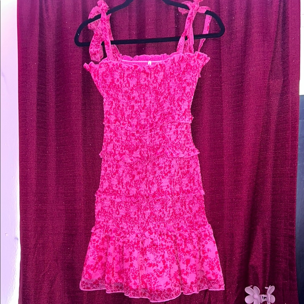 Vibrant Pink Floral Dress with Ruffle Accents